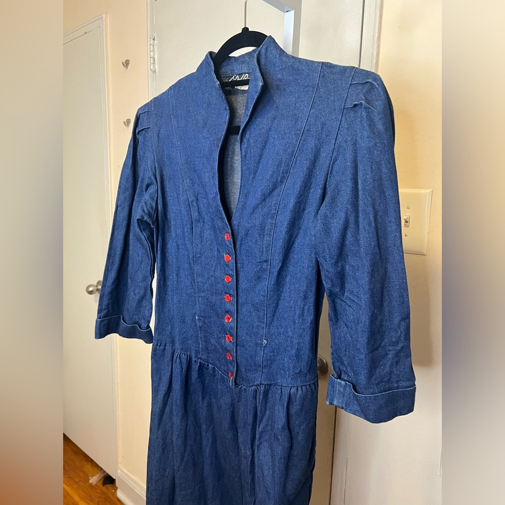 Vintage 1970s PV Rich Denim Jumpsuit with Red Buttons Size 5